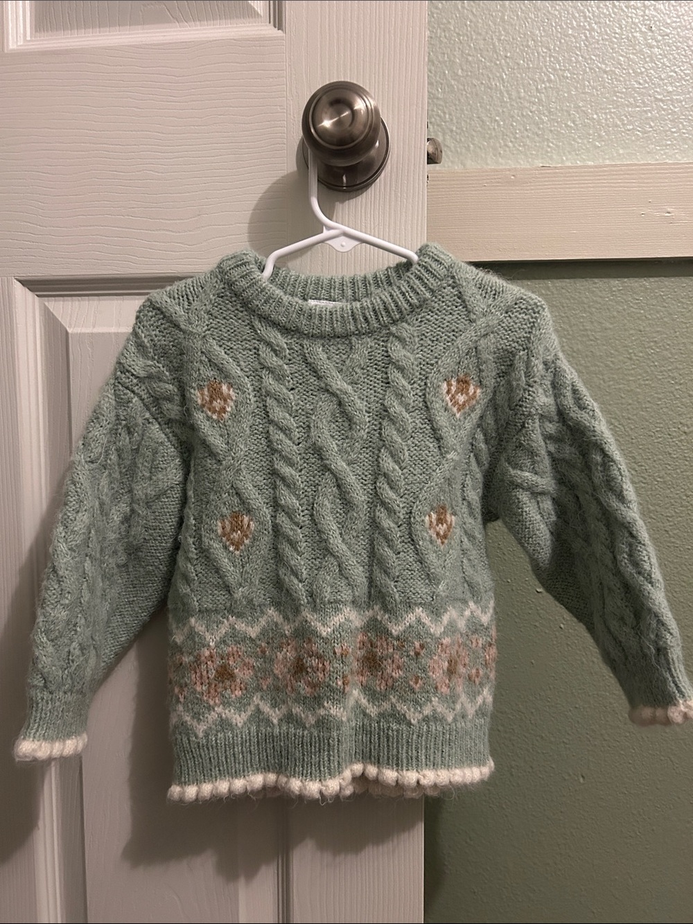 Zara Mint Green Cable Knit Sweater with Heart and Fair Isle Accents